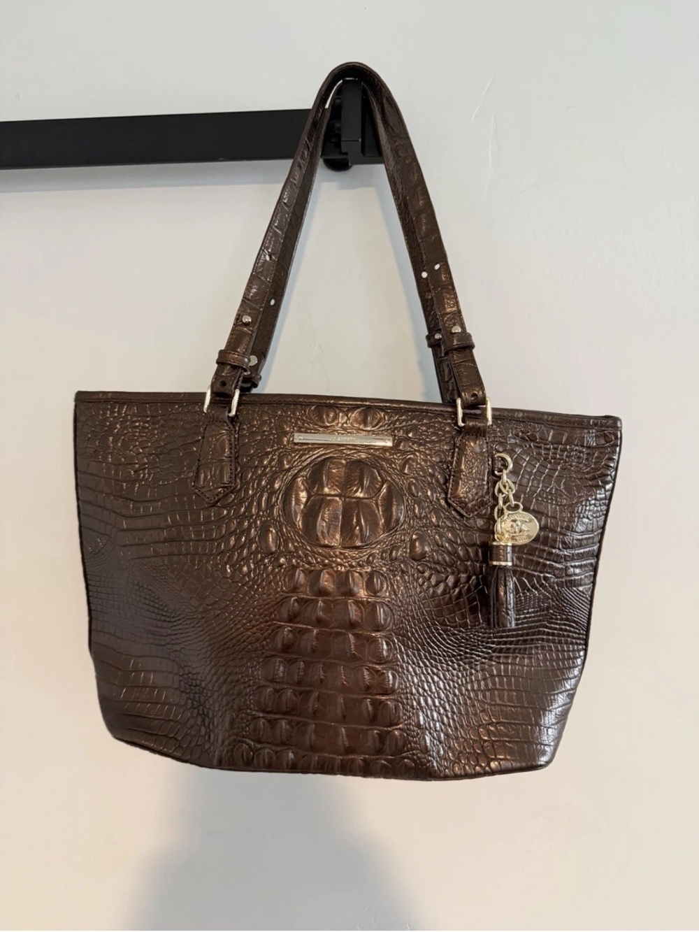 Chocolate Brown Croc-Embossed Tote Bag with Tassel Charm Brahmin